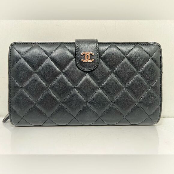 CHANEL Matelasse Timeless Classics Bifold Long Wallet Lamb Skin Black Authentic - Picture 3 of 13